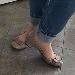 Patent faux leather tan block heels